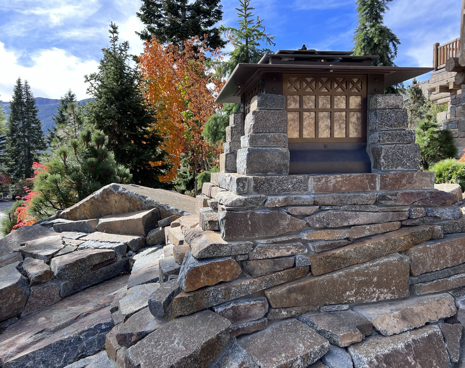 Custom Outdoor Light Fixture and Stonework in Mammoth Lakes, CA Home