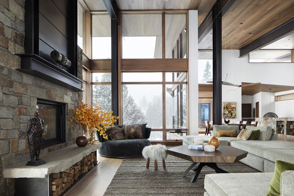 Luxurious Mountain Modern Living Room with Fireplace in Mammoth Lakes, CA