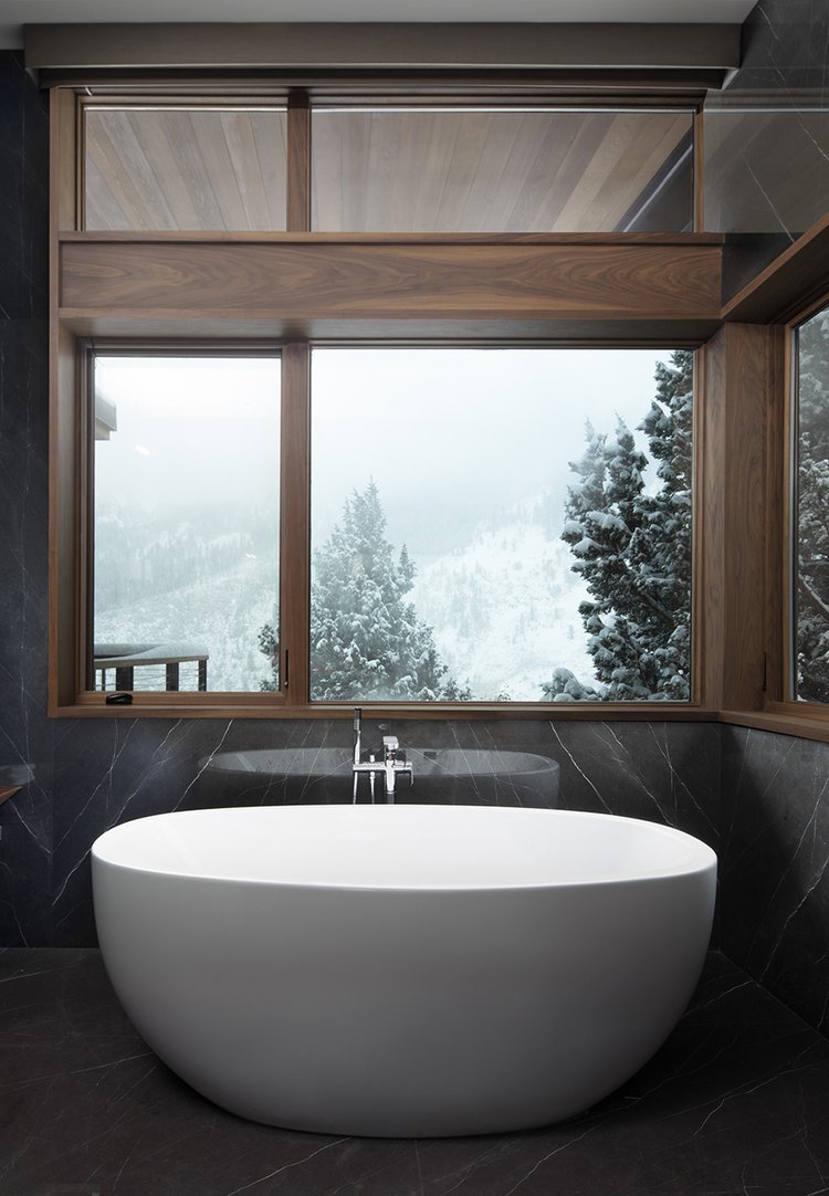 Luxurious Master Bathroom with Forest Views in Mammoth Lakes, CA