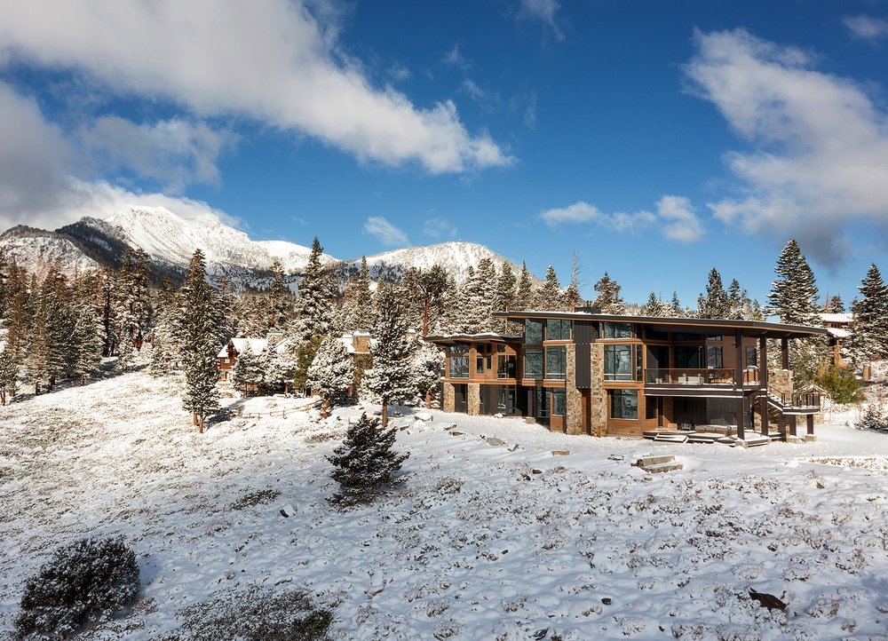 Mountain Modern Home Exterior with Snow in Mammoth Lakes, CA