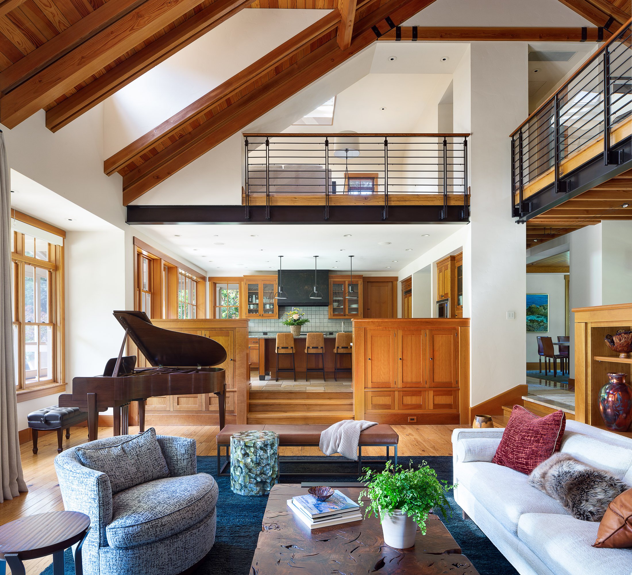 Open-Concept Living Room and Kitchen with Grand Piano in Woodside, CA
