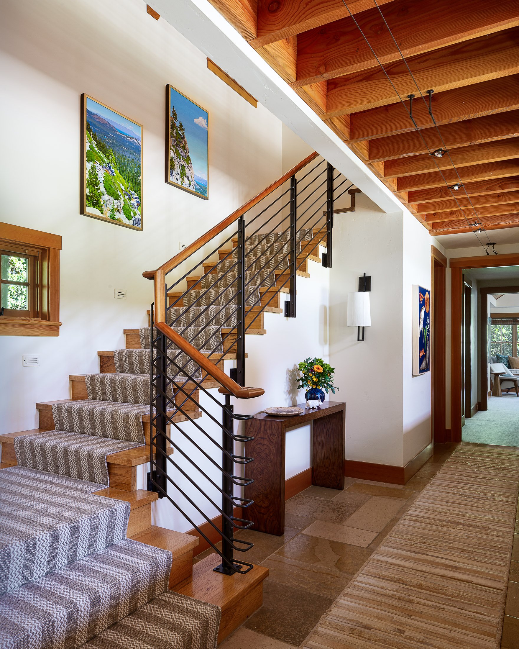 Stylish Staircase with Artwork and Wooden Accents in Woodside, CA