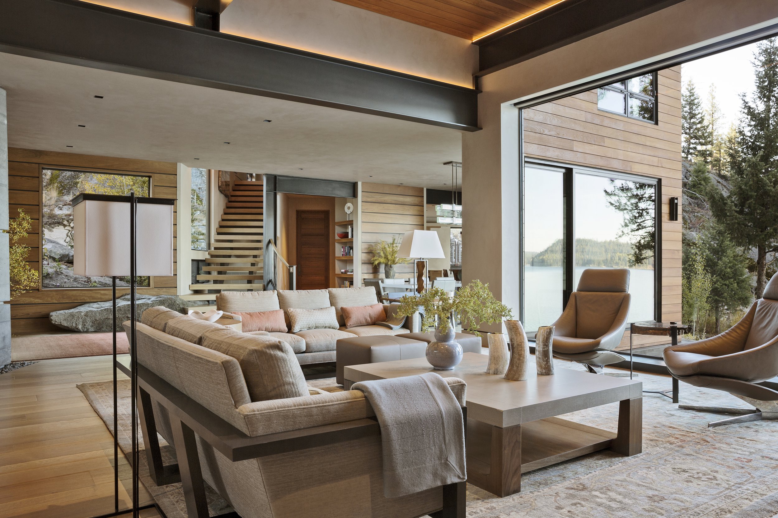 Open-Concept Living Room with Scenic Views in Modern McCall, Idaho Home