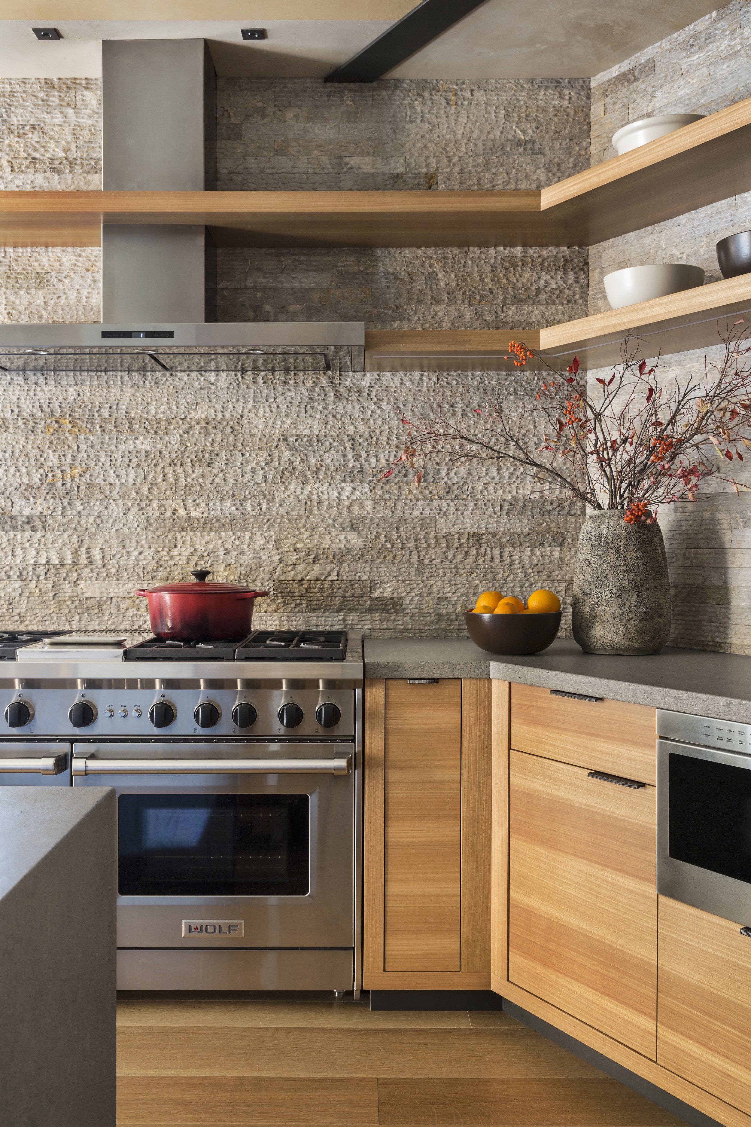 Modern Kitchen with Stainless Steel Range and Open Shelves in McCall, Idaho Home