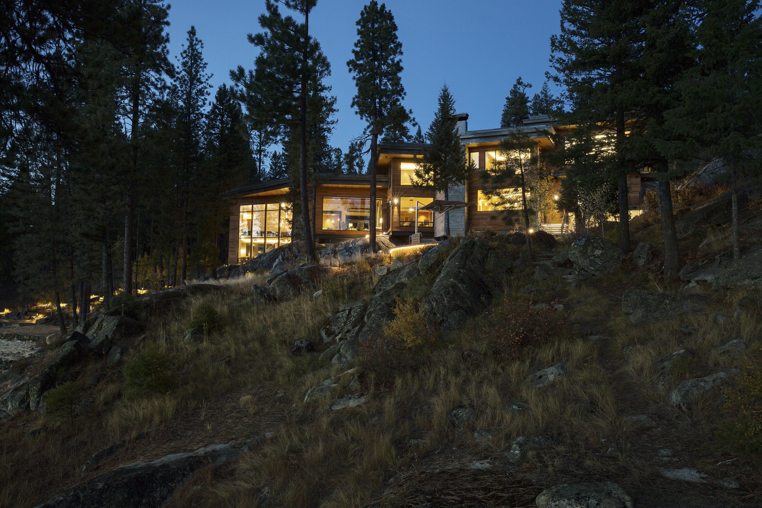 Modern Home Exterior at Night in McCall, Idaho Home