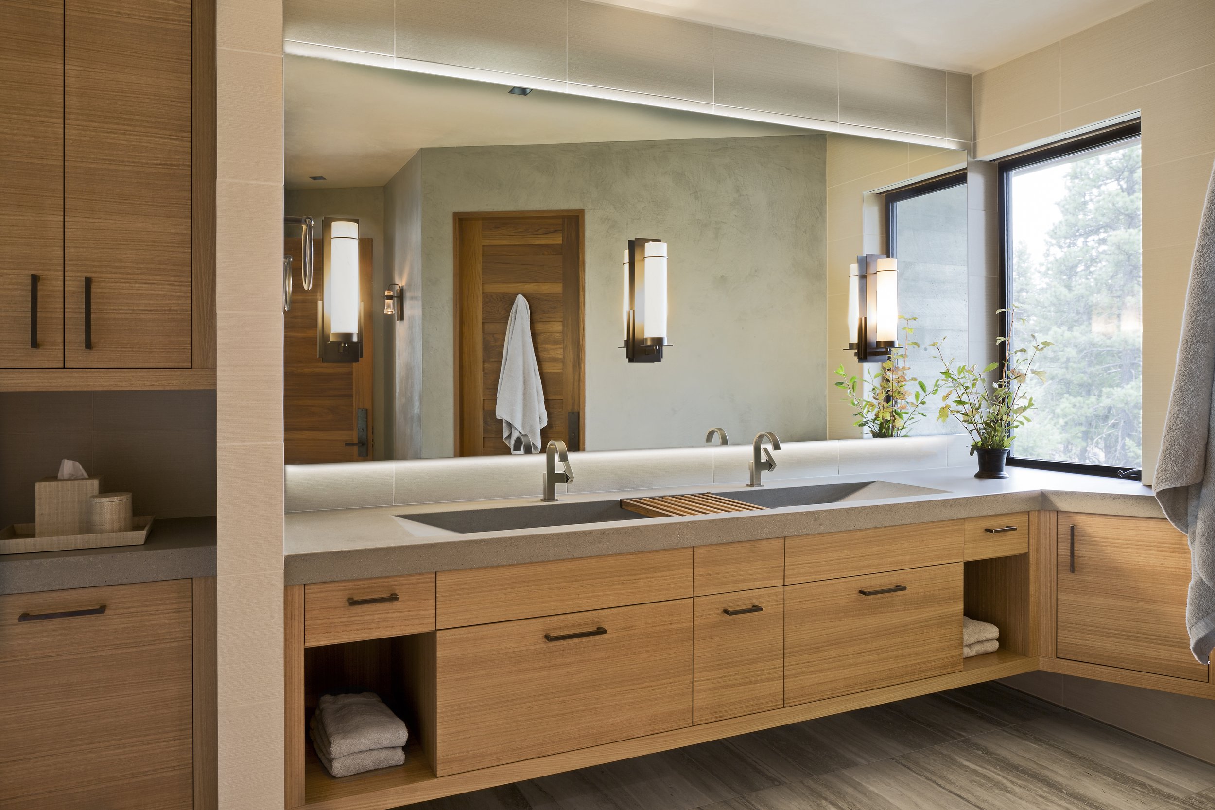 Modern Bathroom with Light Wood Vanity and Double Sinks in McCall, Idaho Home
