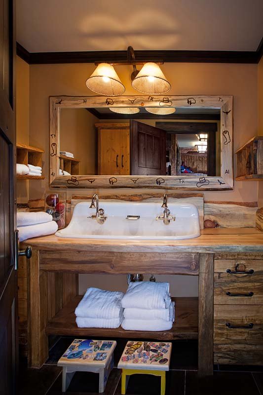 Rustic Bathroom with Wooden Vanity and Large Sink in Mammoth Lakes, CA