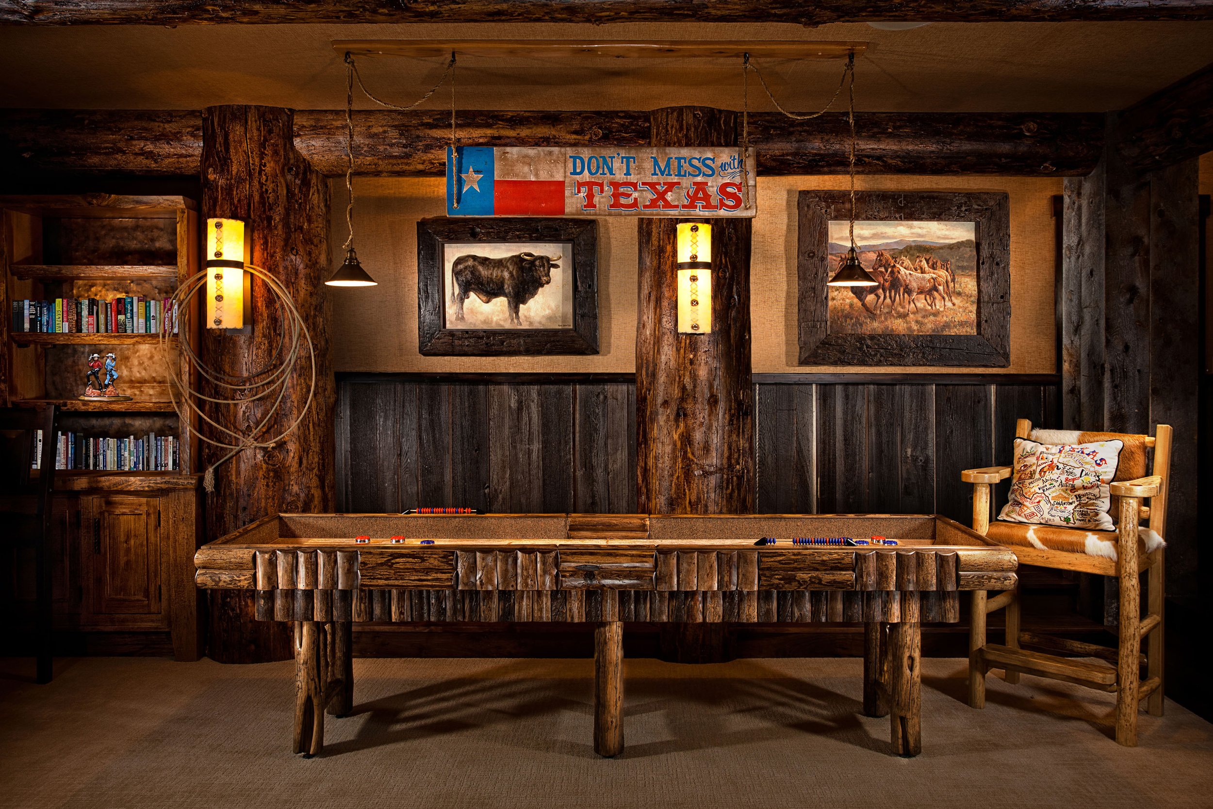 Rustic Game Room with Wooden Decor and Texas Theme in Mammoth Lakes, CA
