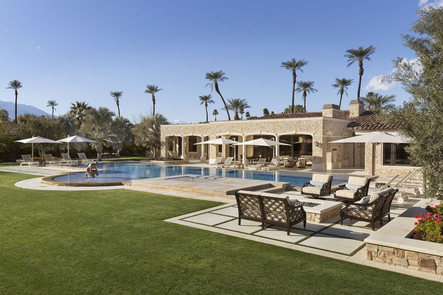 Luxury Pool Area with Outdoor Seating in Palm Desert, CA Home