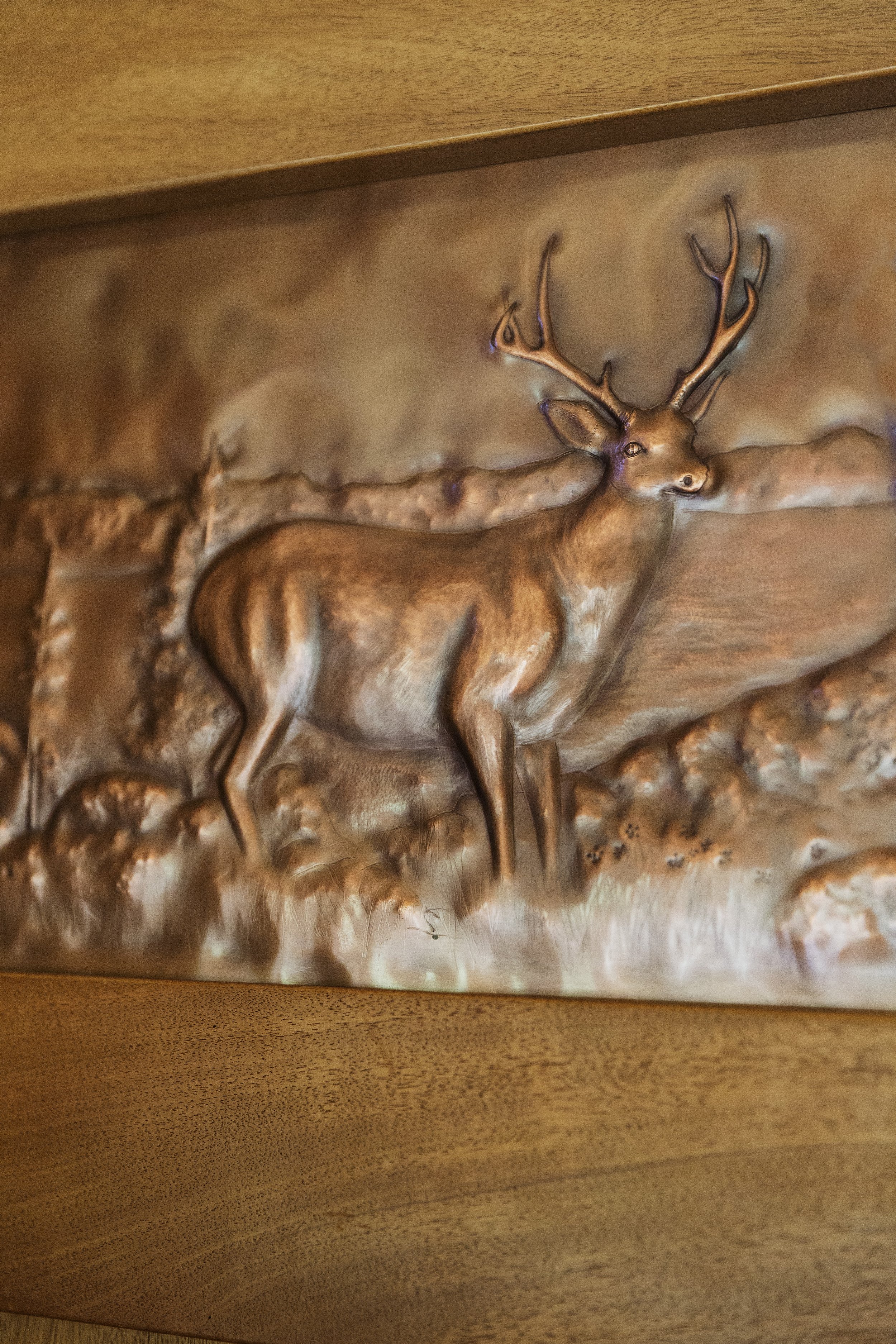 Tahoe Martis Camp, CA Copper Relief Artwork - Deer in Natural Landscape