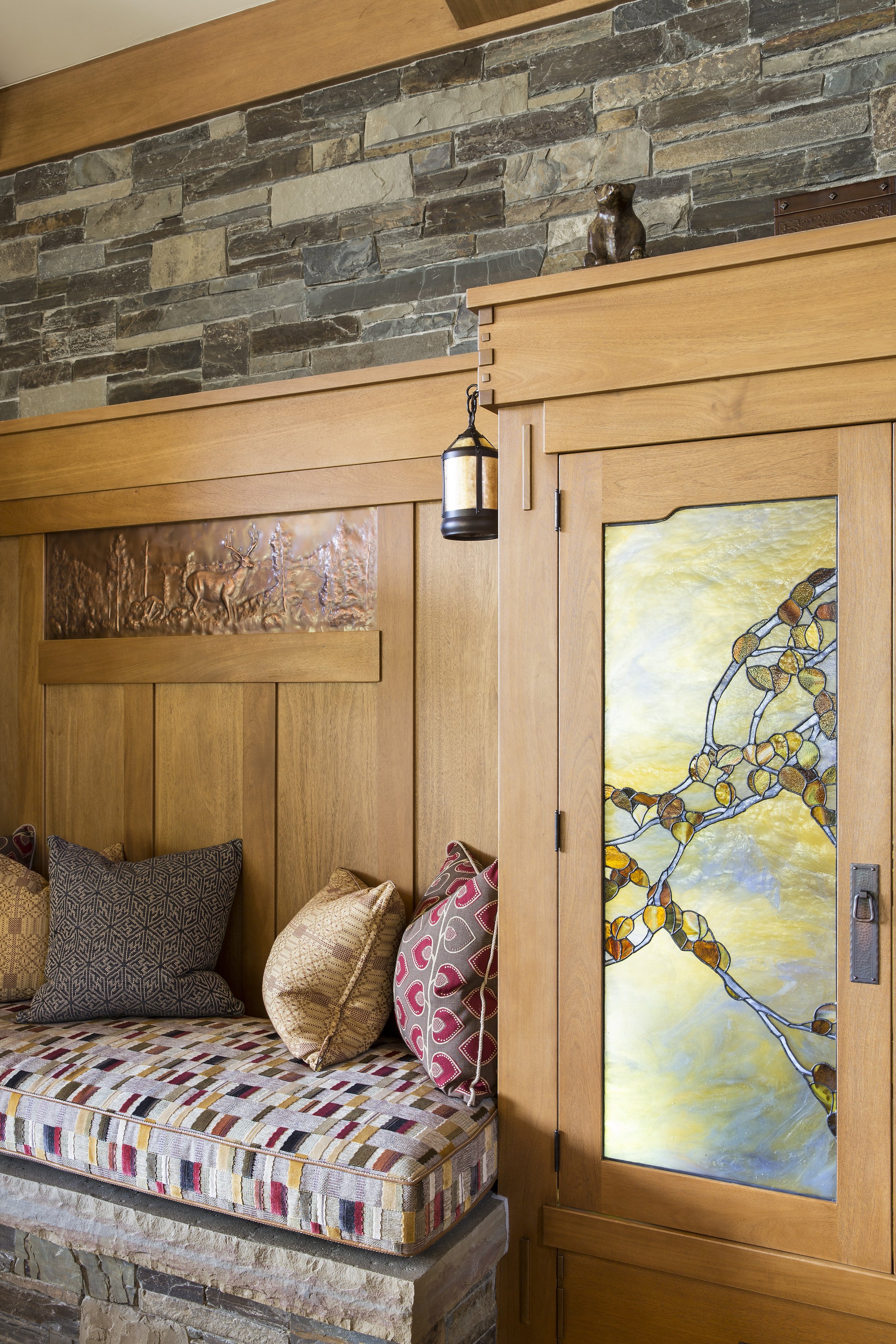 Tahoe Martis Camp, CA Fireplace Seat and Stained Glass Cabinet - Craftsman Greene and Greene Style
