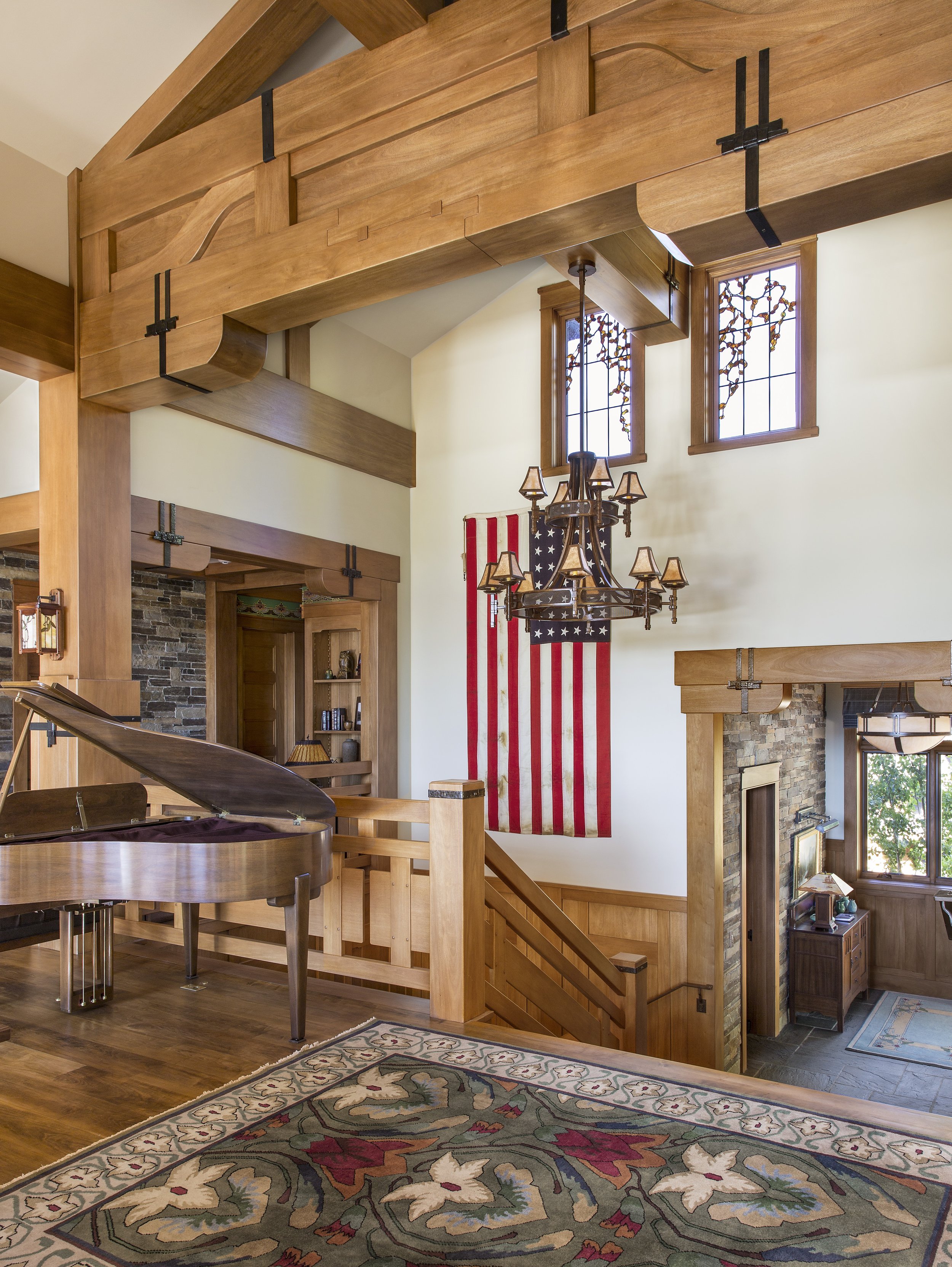 Tahoe Martis Camp, CA Stairwell with Grand Piano and American Flag