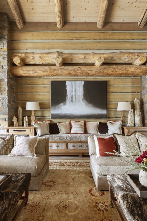 Cozy Wood-Paneled Living Room Interior  in Mammoth Lakes, CA