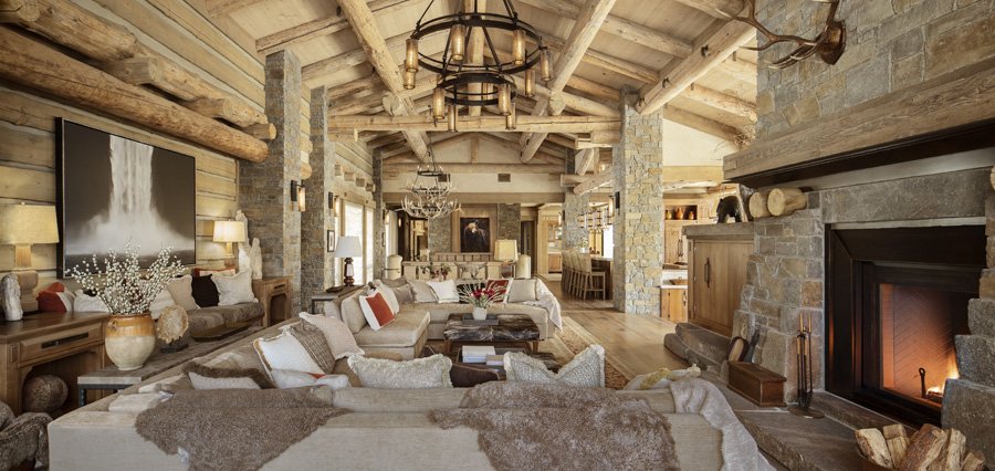 Huge Cozy Wood-Paneled Living Room Interior by Brown Design Group in Mammoth Lakes, CA