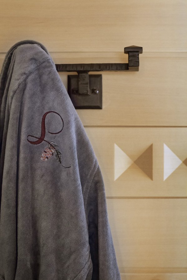 Embroidered Robe in Ski Lodge, Mammoth Lakes, CA