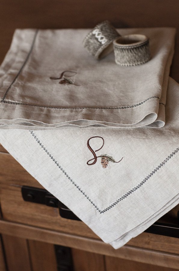 Elegant Monogrammed Napkin Detail in Rustic Setting in Mammoth Lakes, CA