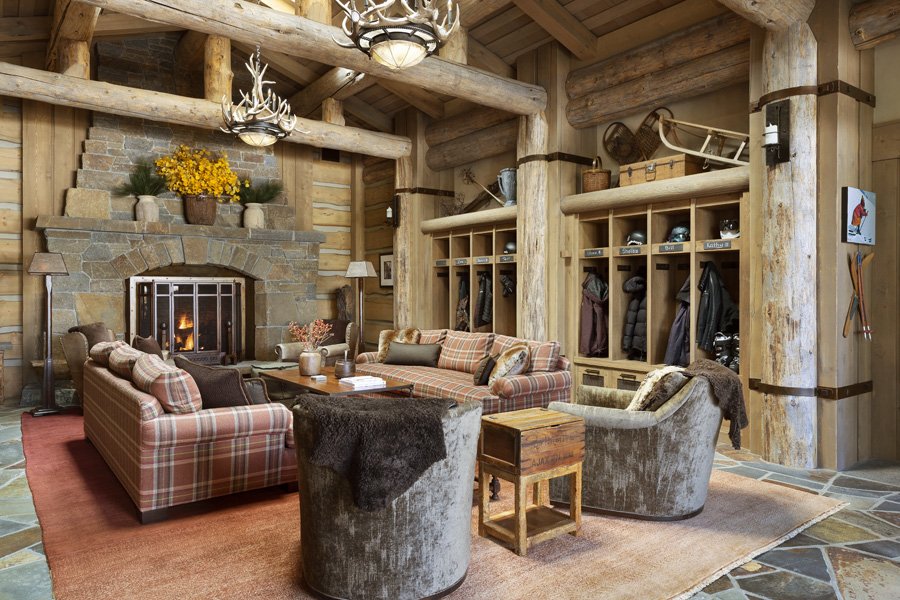 Rustic Living Room with Stone Fireplace and Plaid Sofas in Mammoth Lakes, CA