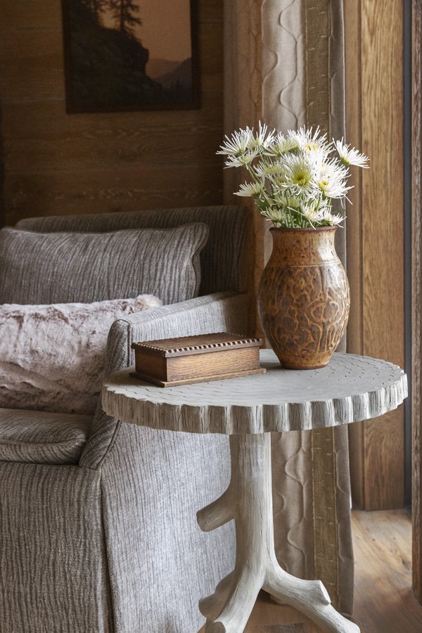 Rustic Side Table with Vase and Flowers in Mammoth Lakes, CA Home