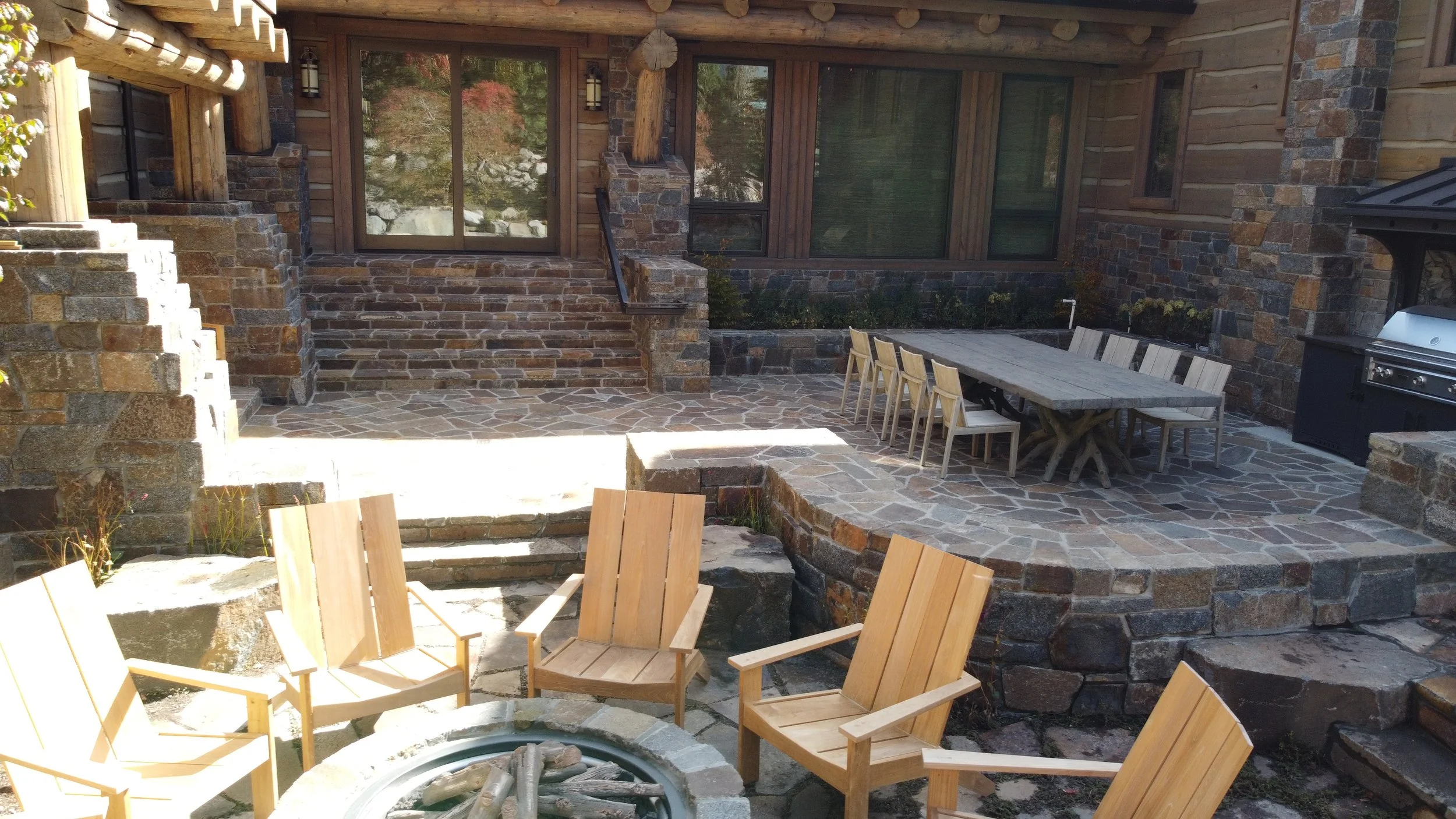 Aerial Perspective of Mountain Home in Fall Seating Area in Mammoth Lakes, CA