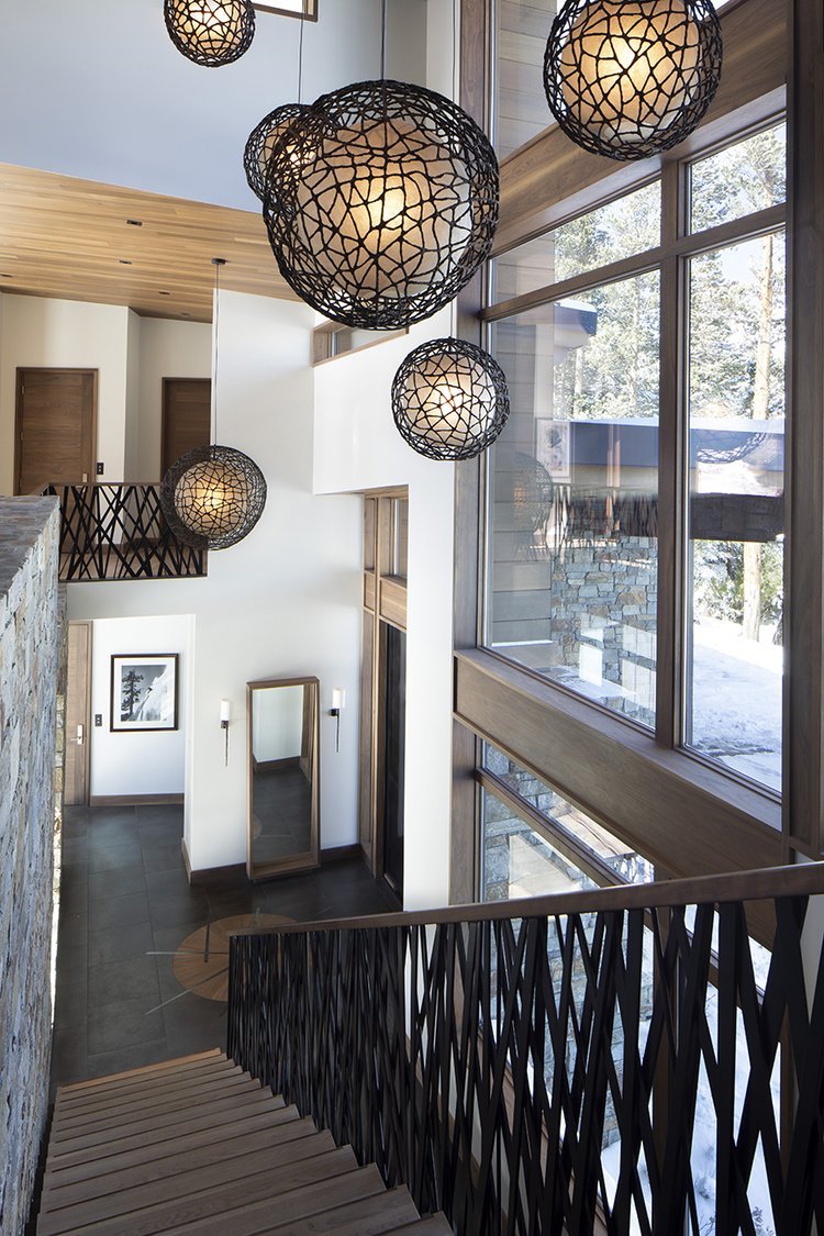 Modern Interior with Stone Wall and Unique Lighting in Mammoth Lakes, CA Custom Build