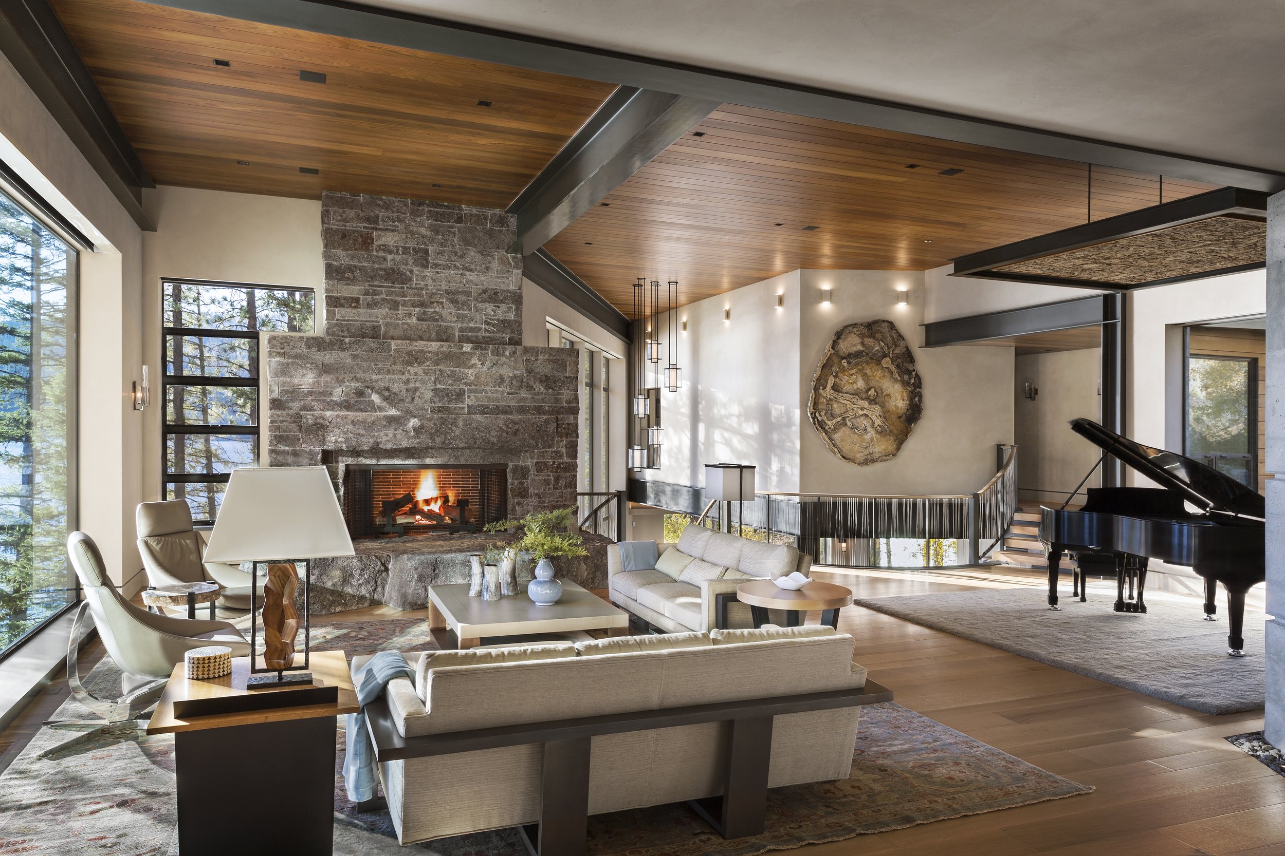Modern Living Room with Stone Fireplace in McCall, Idaho