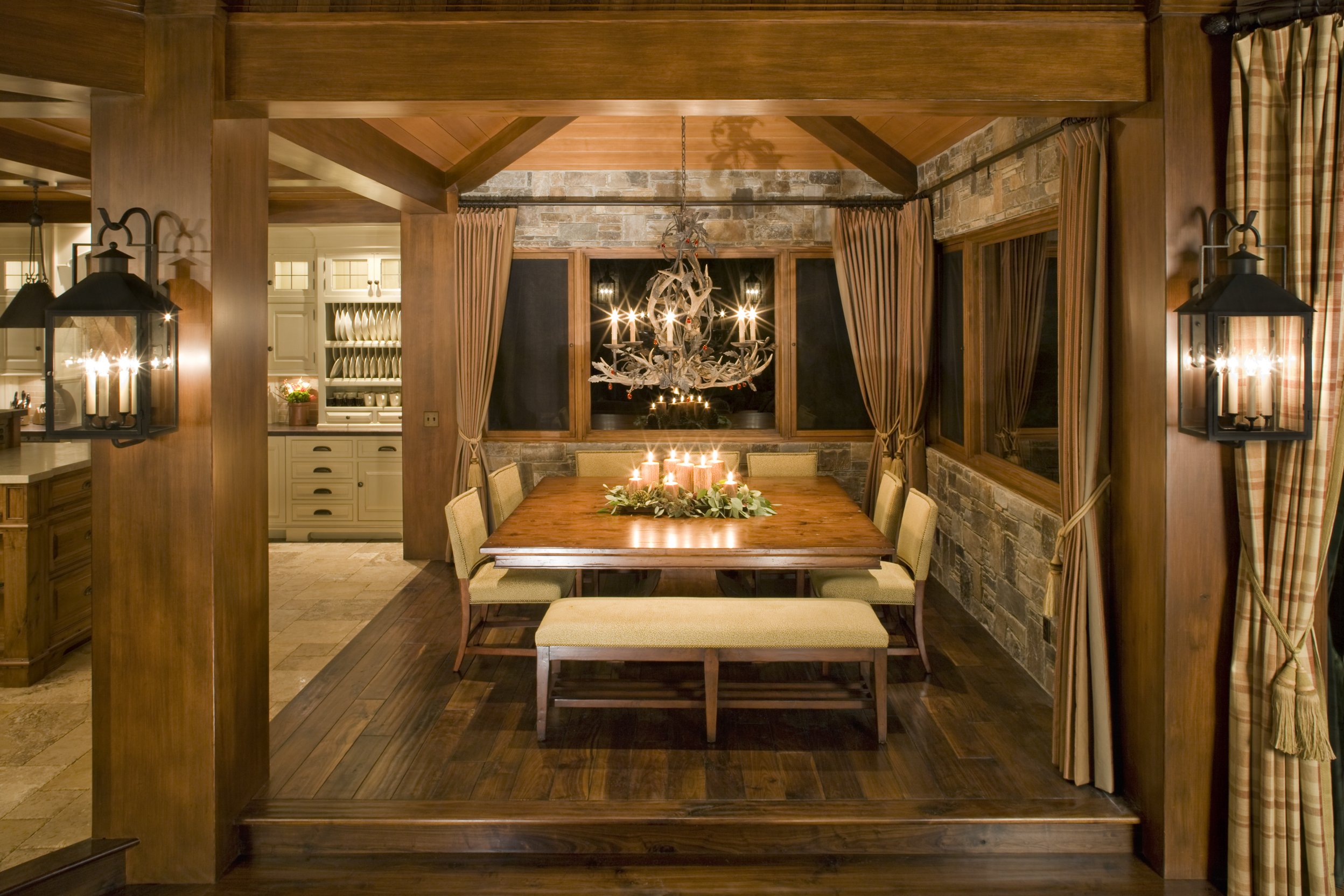 Elegant Rustic Dining Room with Antler Chandelier in Mammoth Lakes, CA