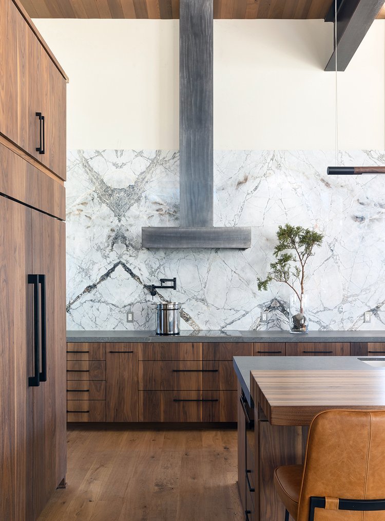 Detail of Modern Kitchen with Marble Backsplash in Mammoth Lakes, CA