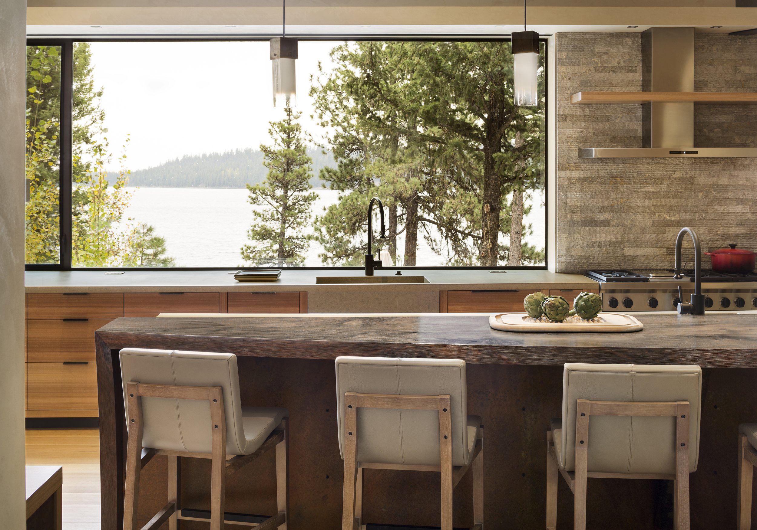Modern Kitchen with Island and Lake View in McCall, Idaho Home