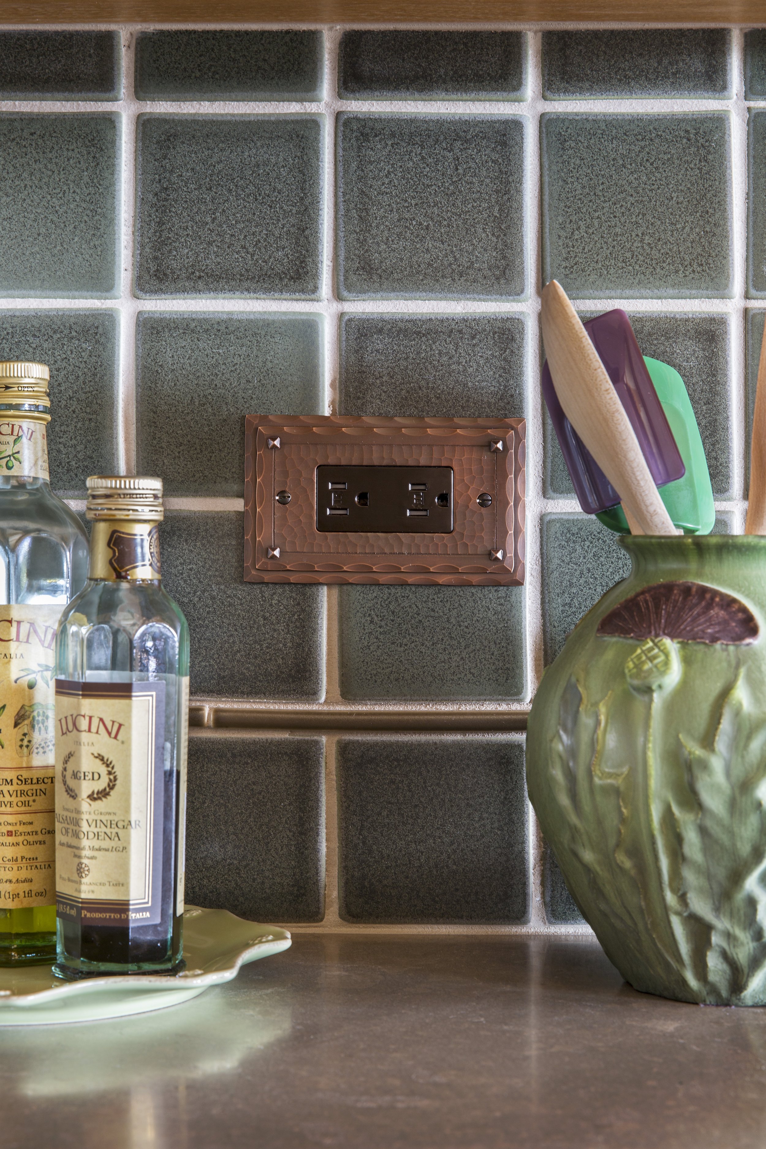 Martis Camp Tahoe, CA Kitchen Backsplash with Copper Outlet Cover