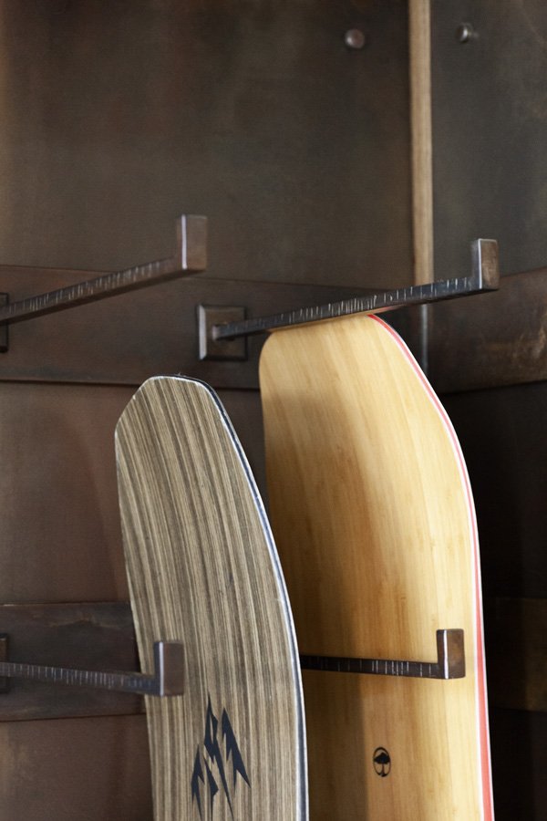 Custom Metal Snowboard Rack Detail in Ski Lodge, Mammoth Lakes, CA