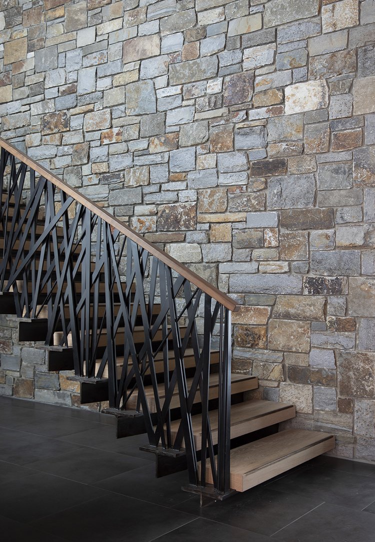 Custom Modern Metal Staircase with Stone Wall in Mammoth Lakes, CA