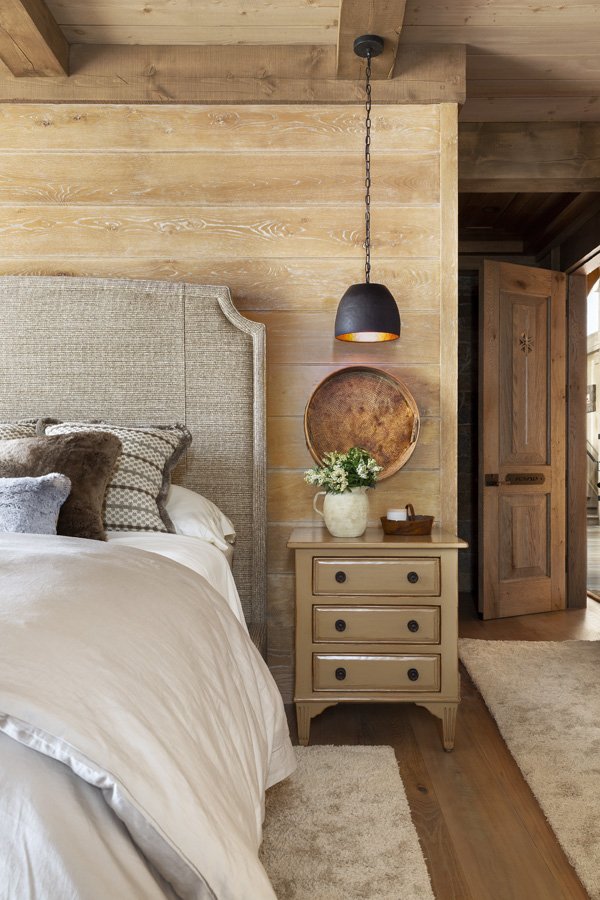 Modern Rustic Bedroom with Pendant Light and Custom Headboard in Mammoth Lakes, CA