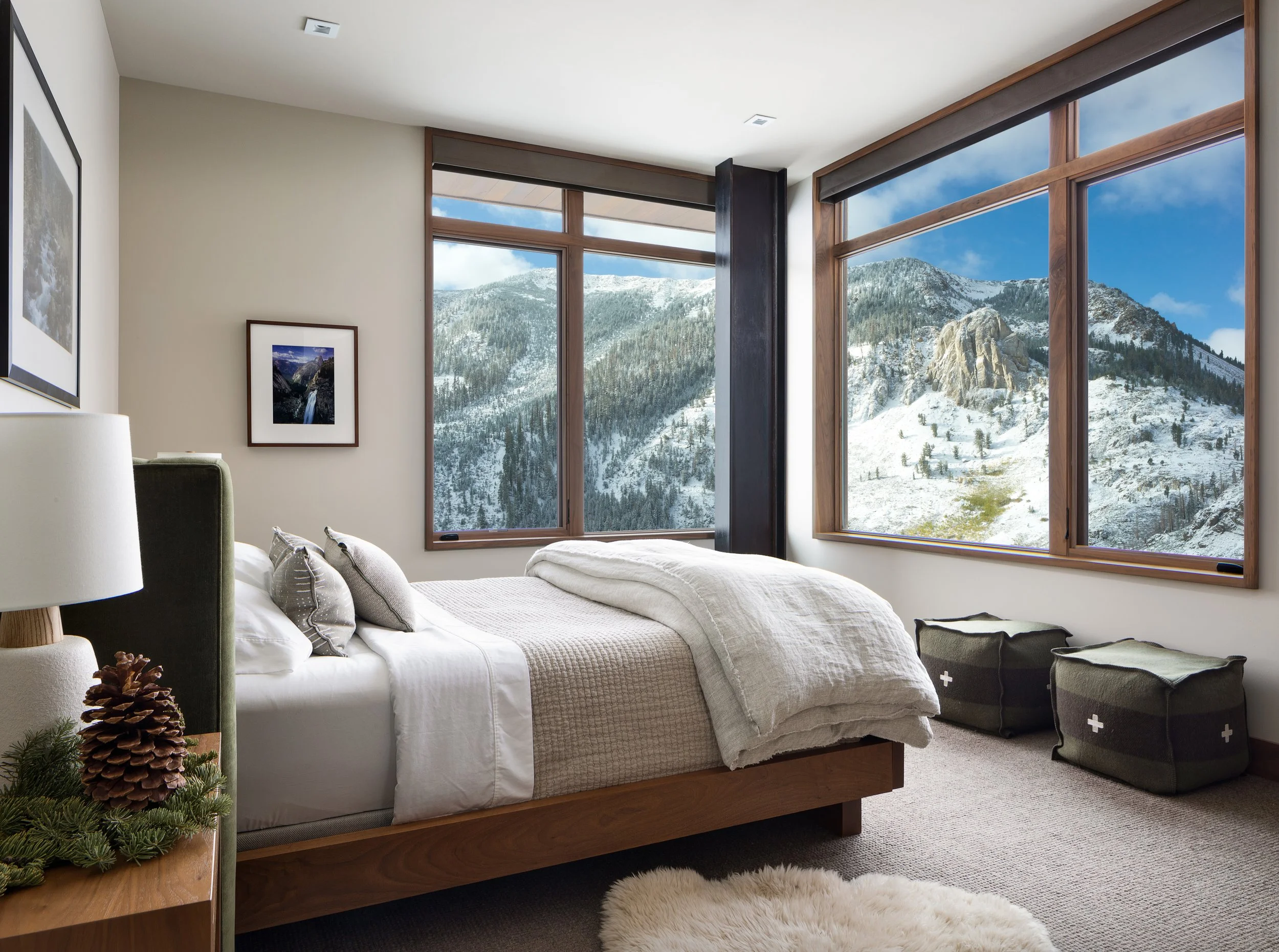 Modern  Bedroom with Large Windows and Fur Bedding in Mammoth Lakes, CA
