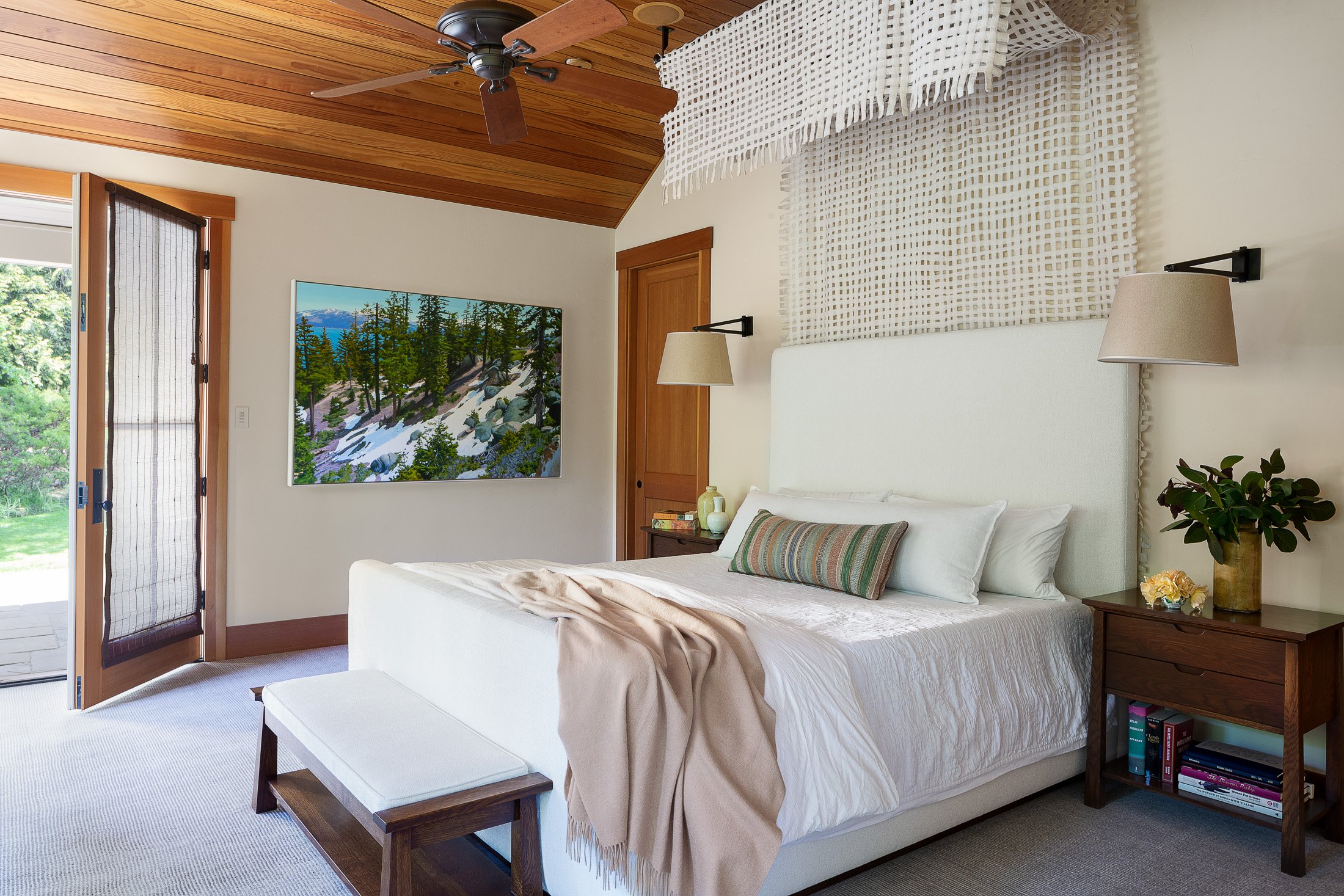 Serene Master Bedroom with Natural Light and Wooden Accents in Woodside, CA