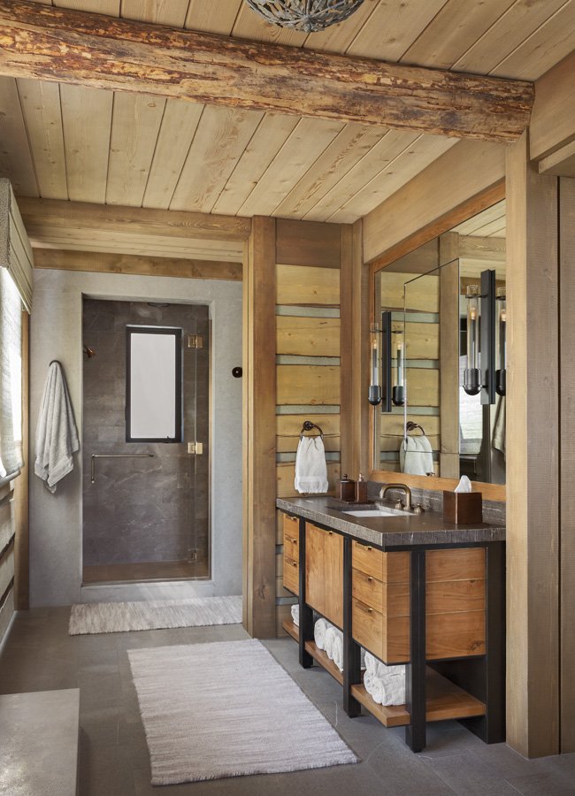 Rustic Modern Mountain Bathroom with Vanity and Sconce Pendants in Mammoth Lakes, CA