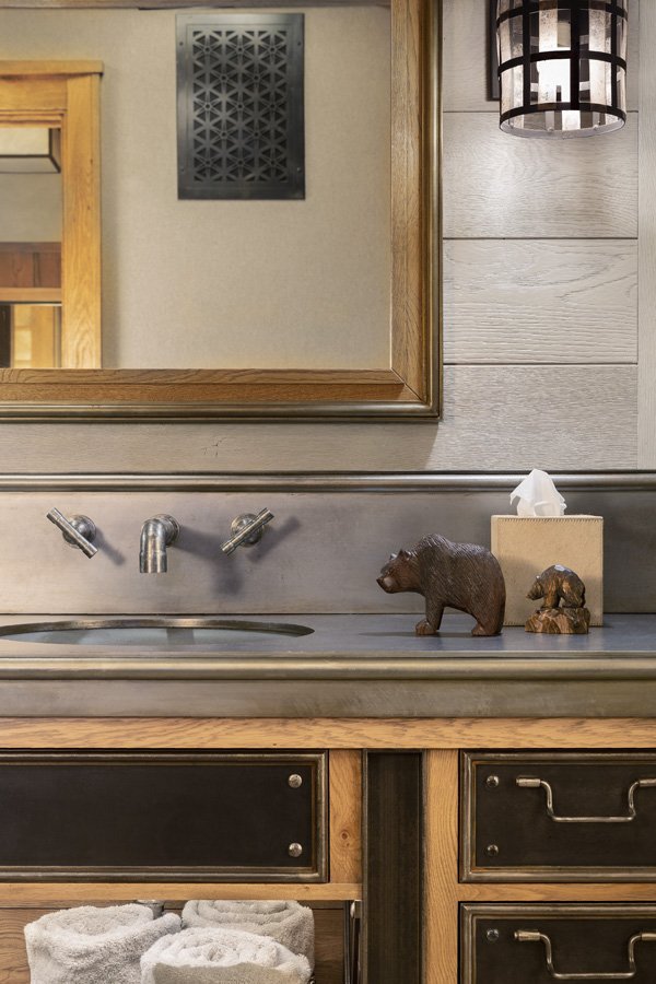 Rustic Modern Mountain Bathroom with Vanity Antique Metal Bears in Mammoth Lakes, CA