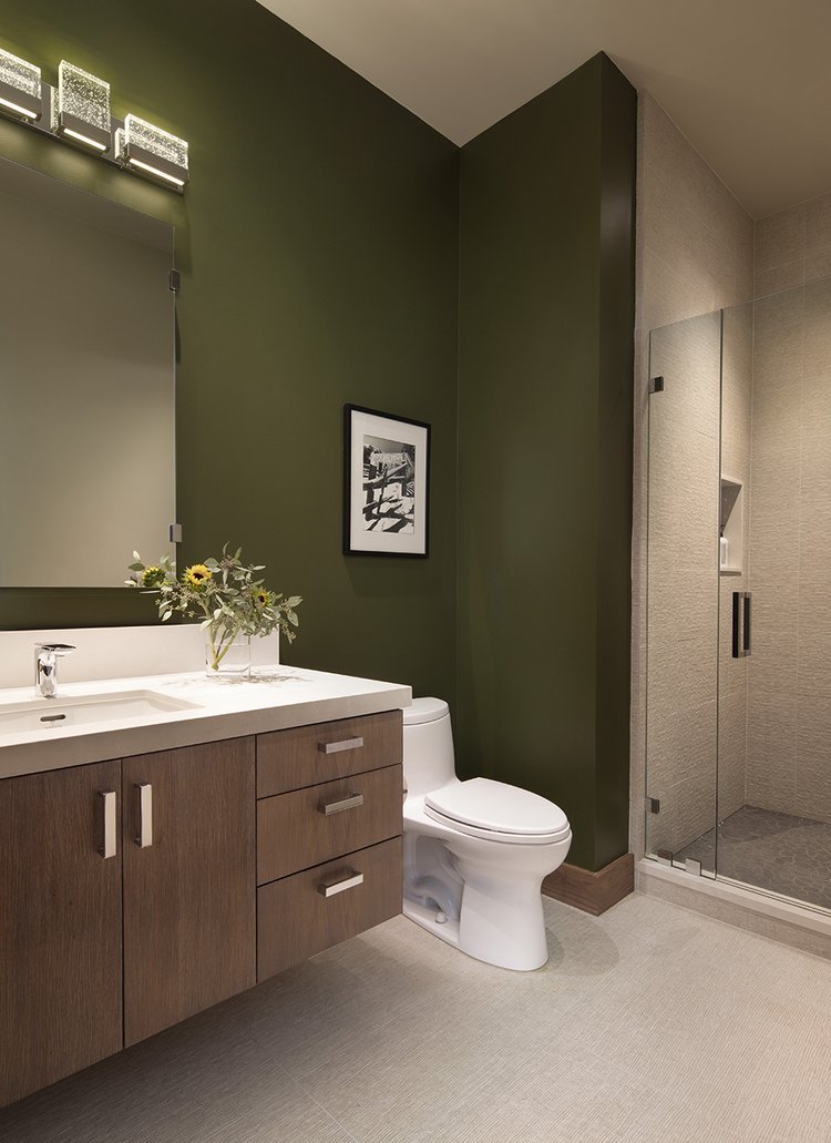 Modern Mountain Bathroom with Green Paint and Custom Shower in Mammoth Lakes, CA