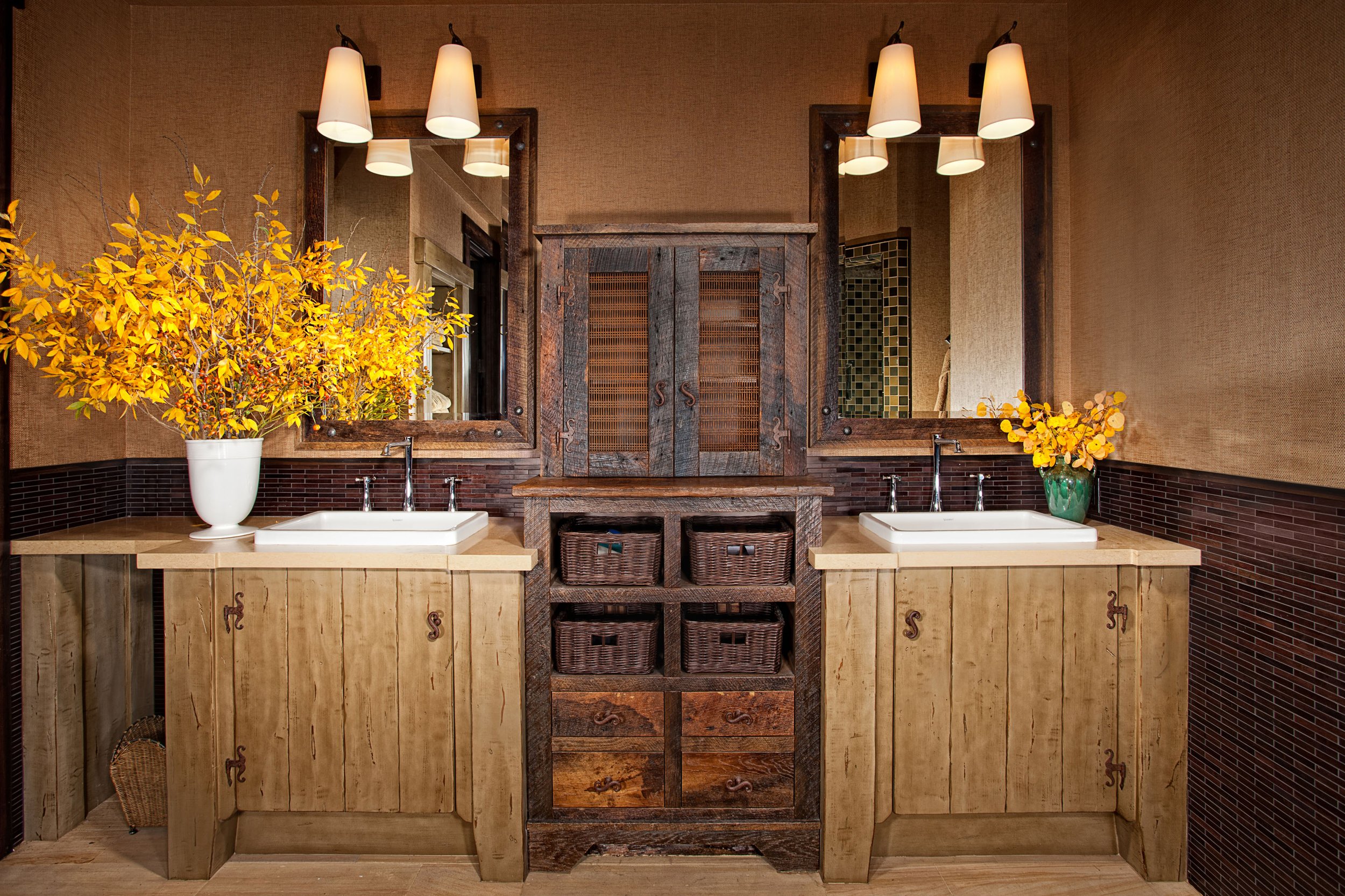 Mountain Rustic Double Vanity with Pendant Sconces in Mammoth Lakes, CA