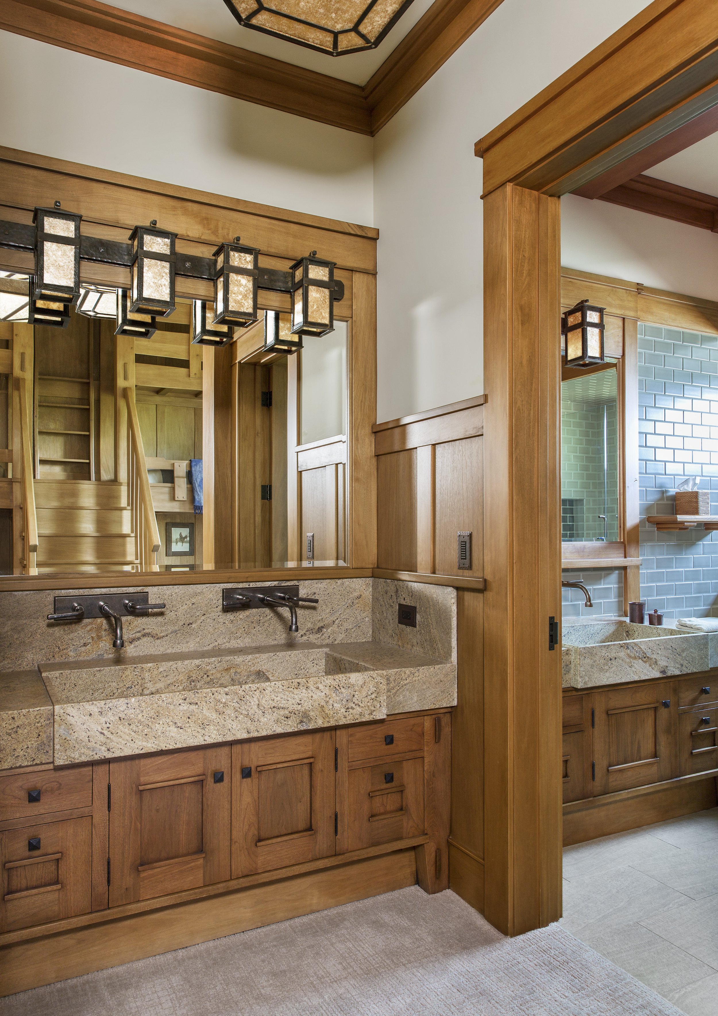 Kids Bunk Room Bathroom with Double Vanities in Martis Camp Tahoe, CA
